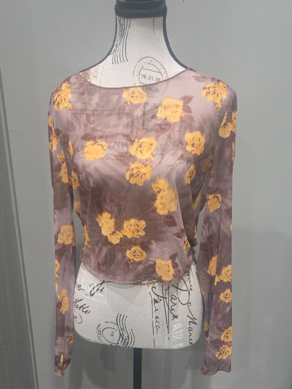 Long-Sleeve Floral Sheer Top - Yellow Floral on Brown